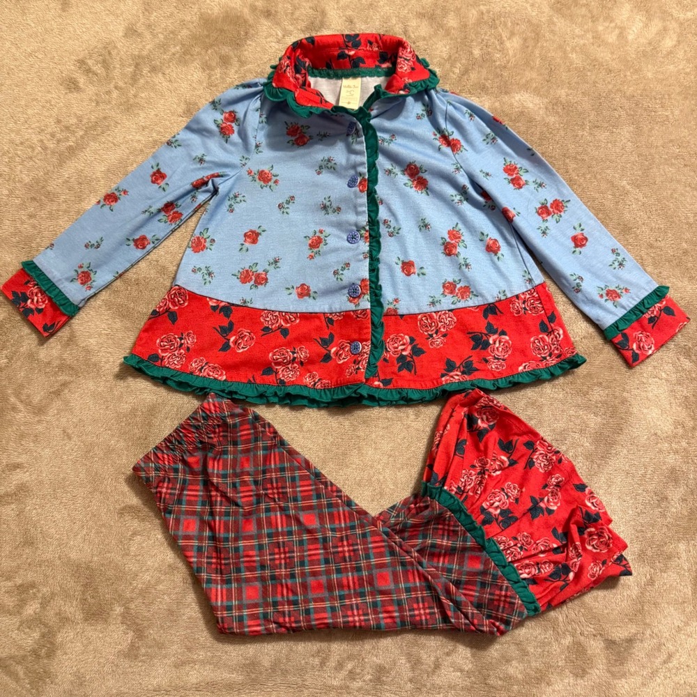 Matilda Jane Girls Long Winters Nap Pajama Set Red Floral Plaid Size 4